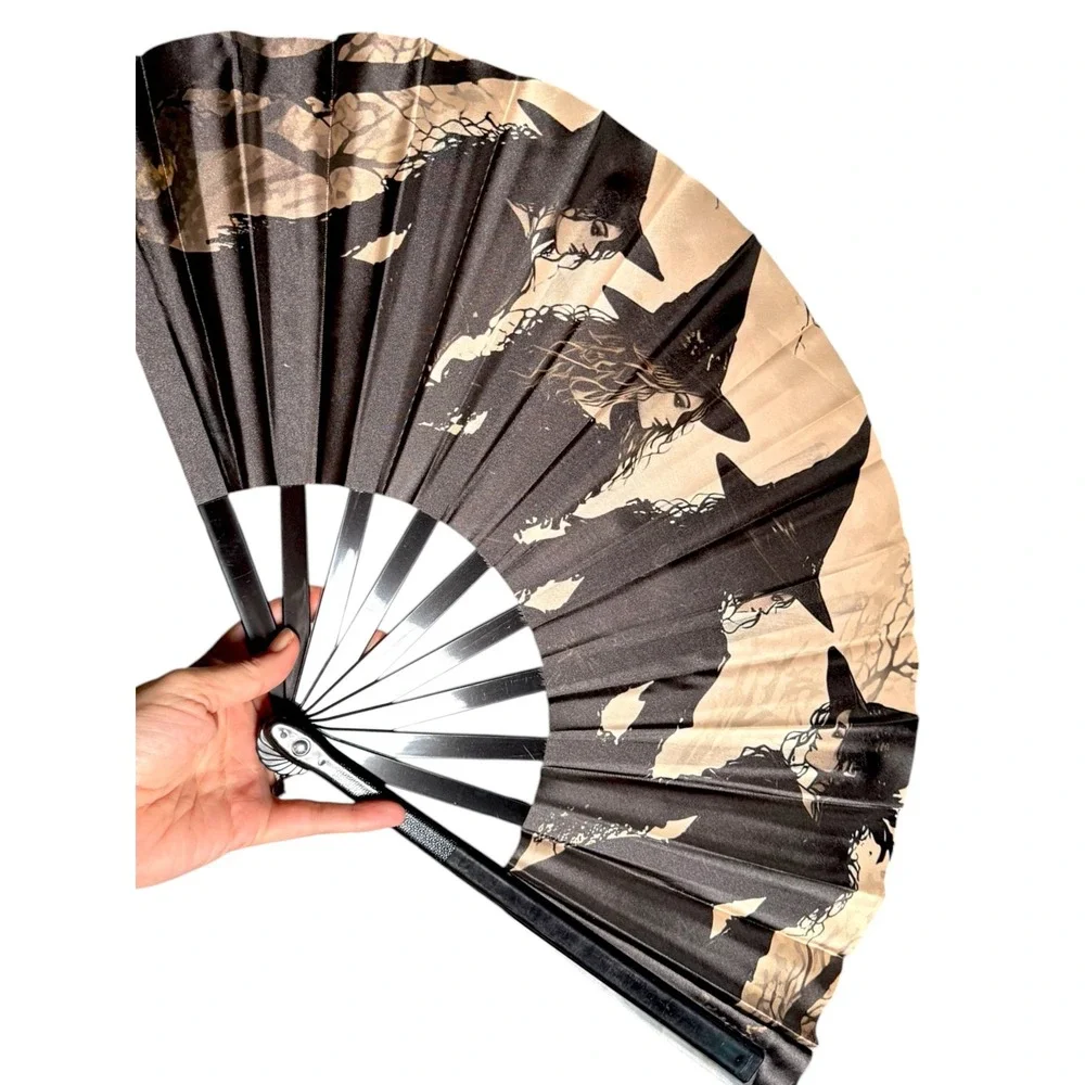 Witch Coven Accordion Hand Fan Large Gothic Black Tan Festival Halloween Prop